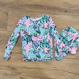 Kids Long Sleeve Swim Top and Bottom Set - Pink & Green Coral Print